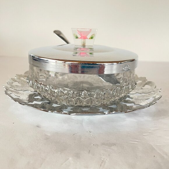 Vintage Glass Butter Dish Jam Jar Sugar Bowl w Lid Tray & Spreader Chrome Plated - Picture 4 of 11